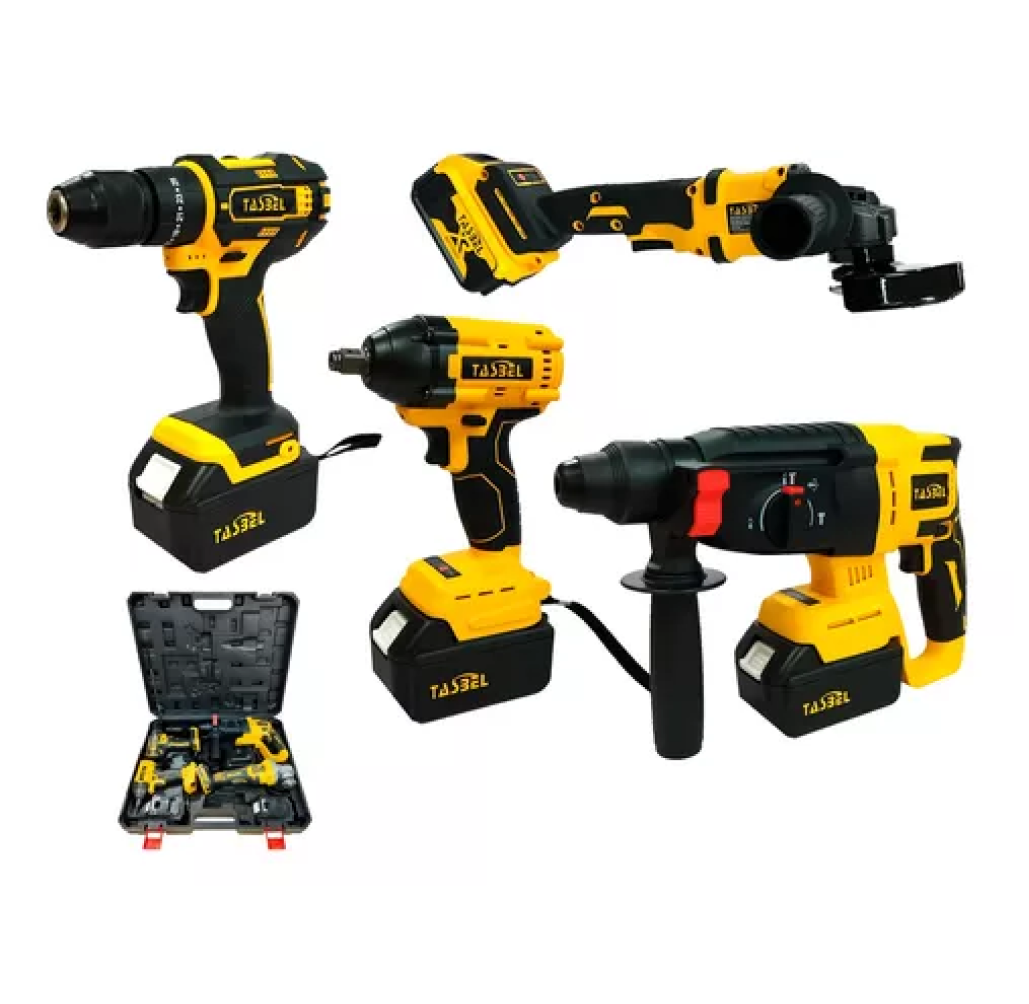 Kit de Herramientas Inalámbricas 4 en 1: Taladro, Llave de Impacto, Esmeril y Martillo