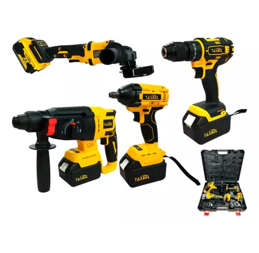 Kit de Herramientas Inalámbricas 4 en 1: Taladro, Llave de Impacto, Esmeril y Martillo