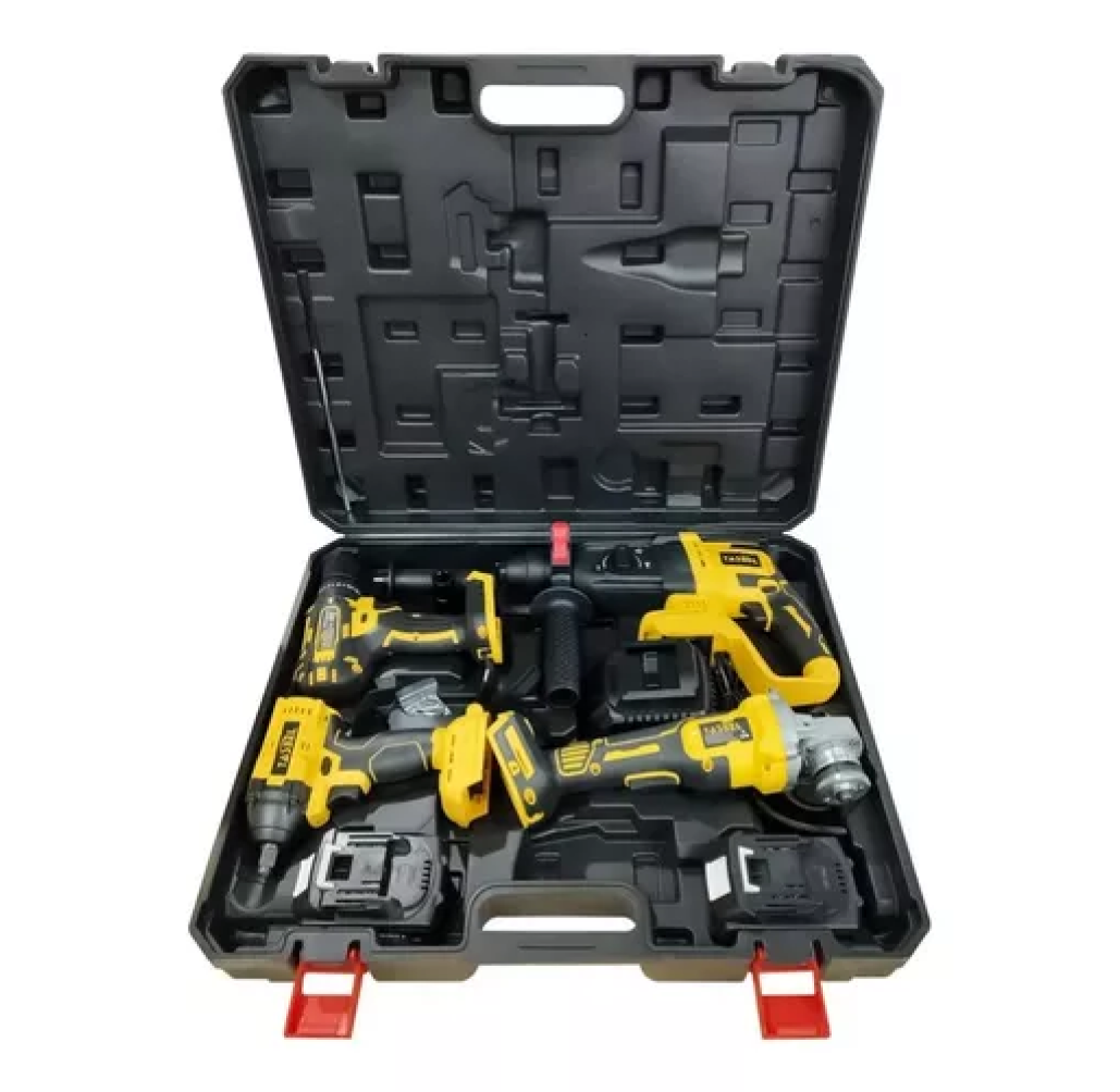 Kit de Herramientas Inalámbricas 4 en 1: Taladro, Llave de Impacto, Esmeril y Martillo