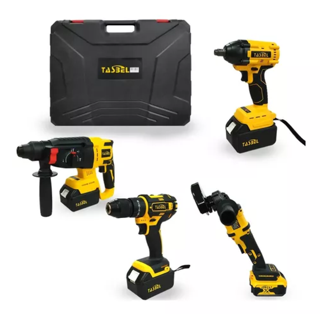 Kit de Herramientas Inalámbricas 4 en 1: Taladro, Llave de Impacto, Esmeril y Martillo